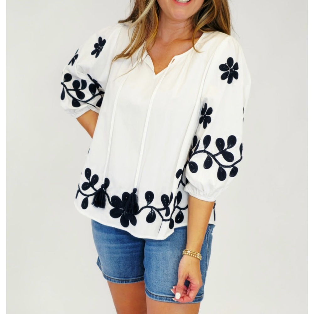 easel White Peasant Blouse with Black Floral Embroidery